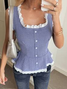 DAZY Women's Summer Colorblock Lace Patchwork Plaid Casual Waist Fitted Camisole Shirt Babydoll Top Cute Tops - Blue - View 1