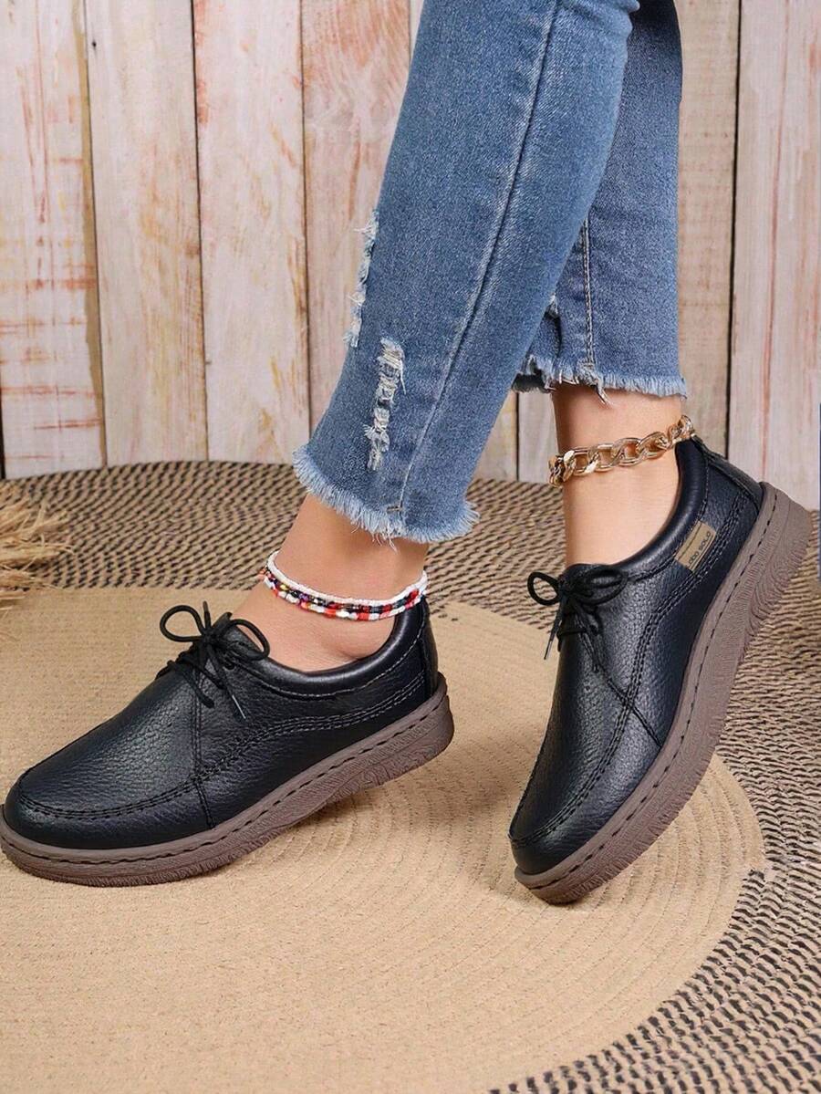 Zapatos de hombre piel auténtica costuras visibles punta cuadrada cordones suela grabada estilo casual urbano oficina primavera otoño - Negro - Ver 1