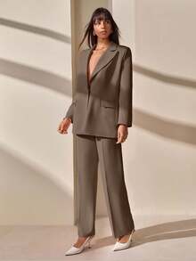 CLARA VERO Blazer With Single Button Closure And Flap Pockets, Paired With Matching High-Waist Trousers, Elegant Two Pieces Suit Set - Brown - View 4