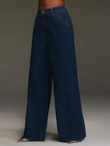 NYA SZN Valerie Pant Denim High Rise Trouser Oversized Casual Everyday Streetwear Basic Vintage Modest Y2K Back To School Fall Business Casual Office Dark Wash Statement Festival - Dark Wash - View 5