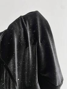 SHEIN Unity 女士黑色丝绒卫衣，闪光面料，修身显瘦，连帽长袖，休闲通勤，秋冬季 - 黑色 - 查看 7