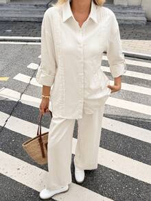 Serisse 女式度假休闲纯色衬衫和裤子两件套 - 杏色 - 查看 5