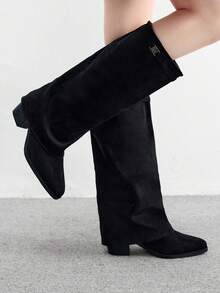 CUCCOO BIZCHIC 女士时尚方头粗跟黑色绒面革宽筒过膝长靴，简约通勤粗跟高筒靴，女士过膝长靴 - 黑色 - 查看 8