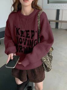 DAZY Áo len tay dài cổ tròn họa tiết chữ nghệ thuật phong cách Hàn Quốc dành cho nữ, Thu/Đông - màu đen - Xem 1