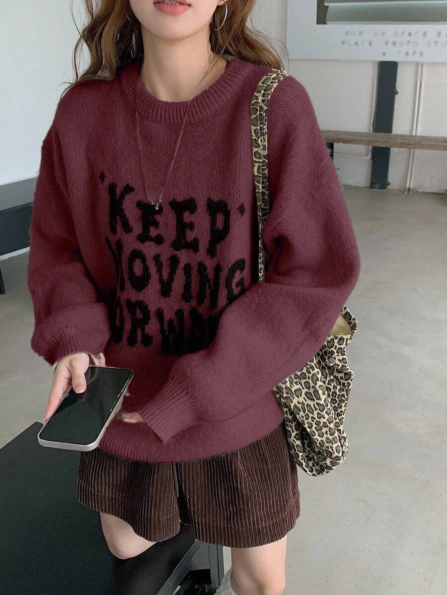 DAZY Áo len tay dài cổ tròn họa tiết chữ nghệ thuật phong cách Hàn Quốc dành cho nữ, Thu/Đông - màu đen - Xem 1