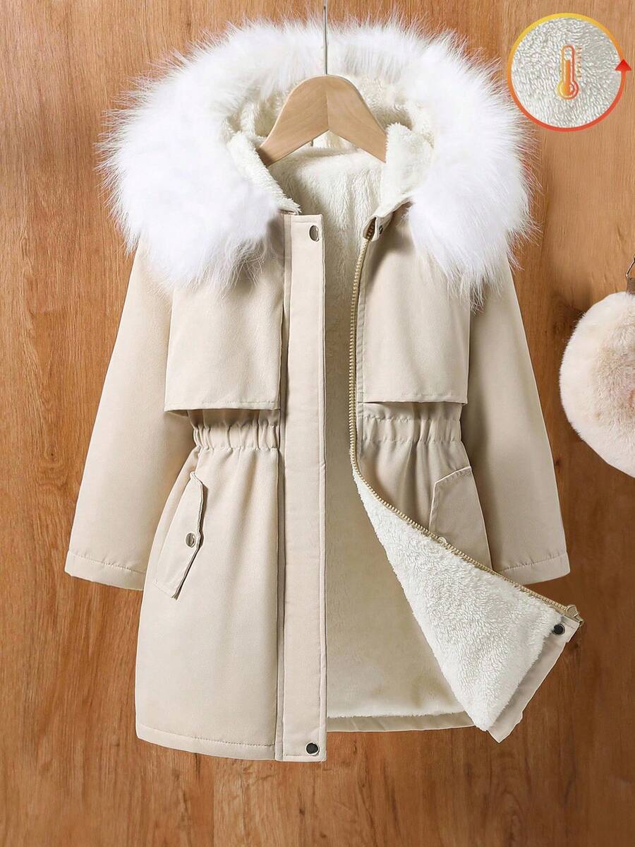 女童宽松收腰中长款冬季夹克 - 杏色 - 查看 1