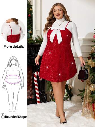 Enliva Vestido corto de tirantes con lentejuelas para mujer talla grande, vestido mini con detalle de lazo blanco y bajo en línea A