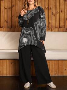 EMERY ROSE Set de 2 piese casual pentru femei, mărime plus, cu guler rotund, cămașă cu mânecă lungă și pantaloni largi, model floral, model floral - Alb-negru - Vizualizare 5