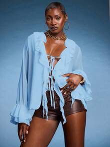 Normani Áo cánh mùa thu cổ chữ V tay loe bằng vải voan trơn màu thanh lịch kiểu Pháp, rộng rãi, thông thường dành cho nữ - Màu xanh lam - Xem 4