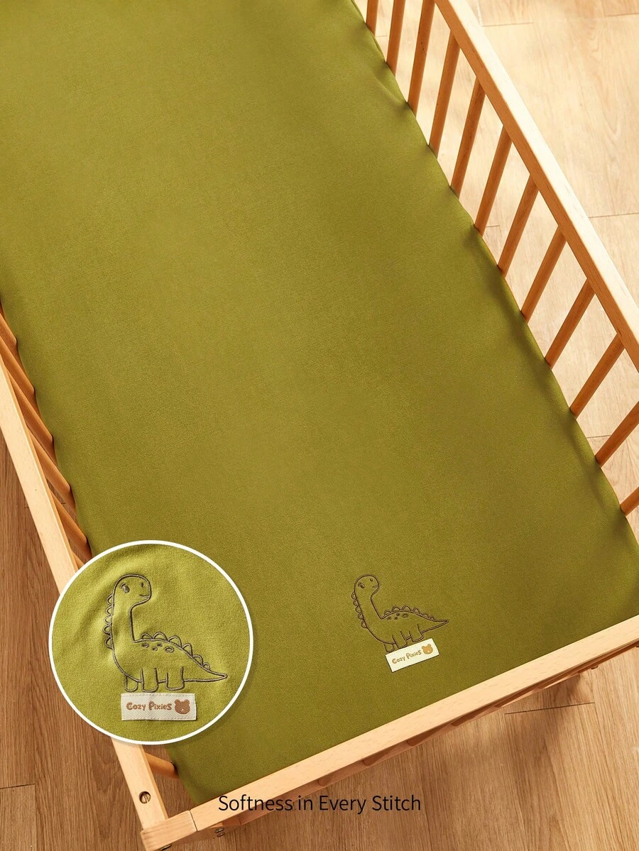 Cozy Pixies 1-Pack Of Soft And Comfortable Cartoon Embroidered Little Dinosaur Baby Crib Sheet, Autumn And Winter Fitted Style. - Dark Green - View 1