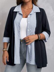 EMERY ROSE Plus Size Casual Commuter Striped Patchwork Shirt, Autumn/Winter - Navy Blue - View 3