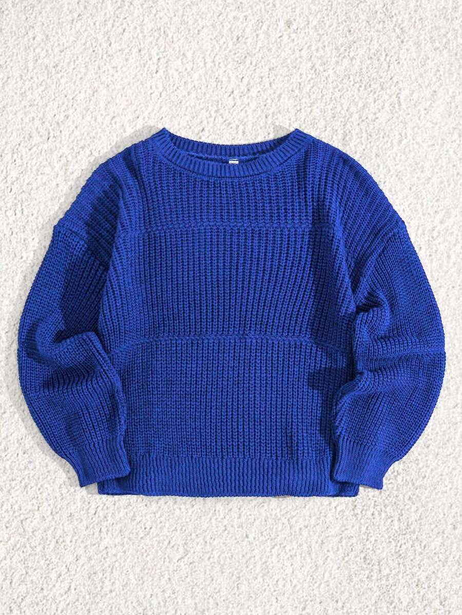 EURMUSE Petite Size Casual Rib Knit Crew Neck Women Sweater - Blue - View 1