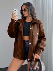 SHEIN Tall 女式高腰时尚隐形门襟PU皮革夹克 - 棕色 - 查看 3