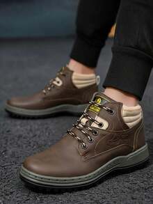 Hombre piel resistente costura doble punta redonda cordones suela dentada estilo outdoor urbano trabajo botas altas - Marrón - Ver 2