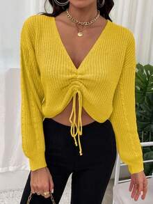 SHEIN Unity Sweater Pullover Wanita Kasual Warna Polos Leher V Lipit Bahu Jatuh - Kuning - View 6