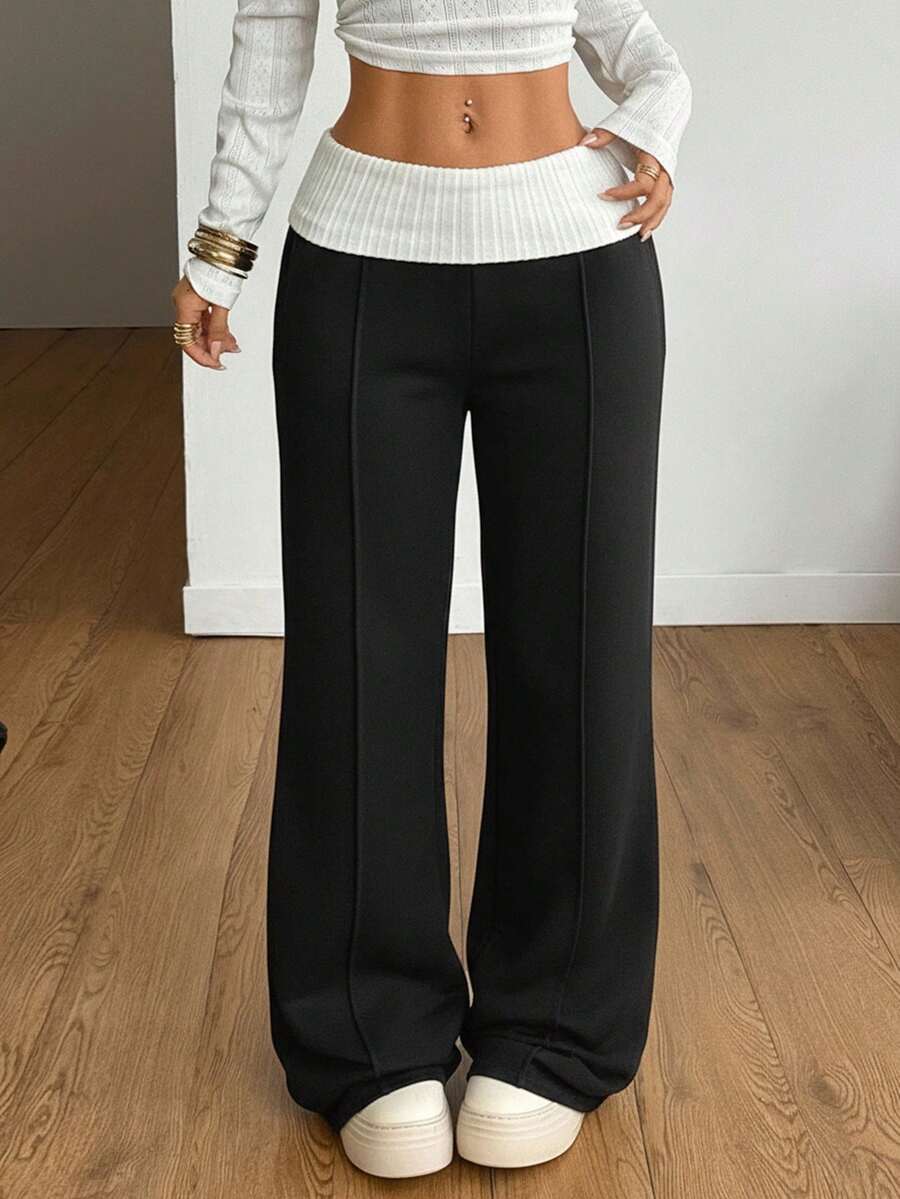 Coolane 女士冬季街头服饰外出休闲返校复古日常服饰 Y2K 罗纹针织白色翻领长裤法式灰色喇叭裤 - 黑色 - 查看 1