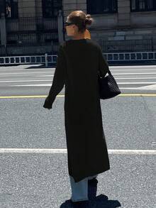 DAZY Women's Loose Long Sleeve Split Hem Long Sweater - Black - View 4