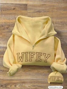 INAWLY 1pc "Wife" Embroidered Quarter Zip Sweatshirt, Embroidered Slogan Graphic Sweatshirt - Yellow - View 3