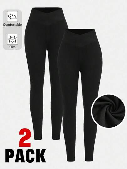 SHEIN Girlism Bộ đồ hai mảnh màu đen trơn đơn giản cho bé gái, quần legging cạp cao, dáng ôm, đơn giản, thường ngày