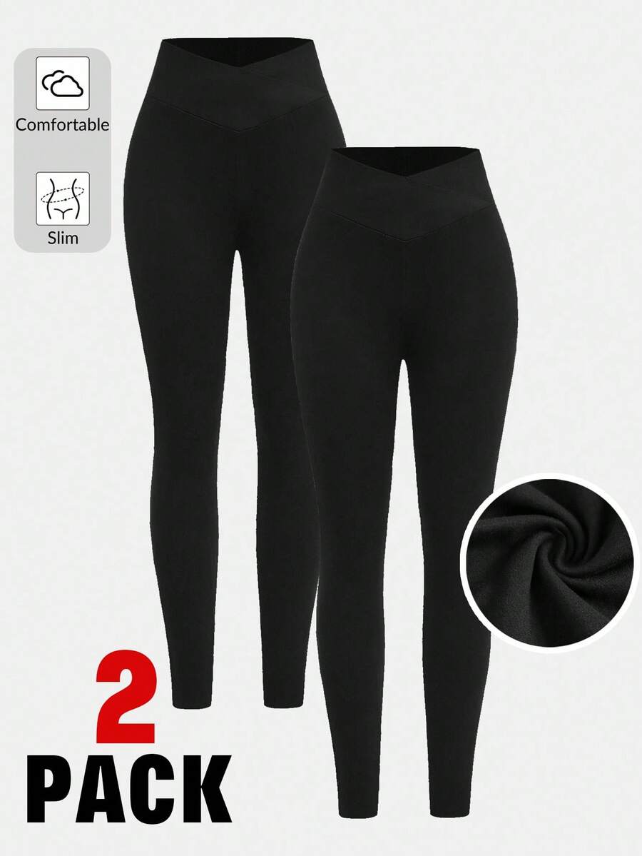 SHEIN Girlism 青少年女孩两件套女孩黑色纯色休闲基础款高腰简约修身休闲打底裤 - 黑色 - 查看 1