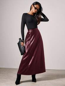 COSMINA Saia Longa de PU com Folha de Lótus de Cor Sólida e Elegante, Outono/Inverno - Vinho - Visão 4