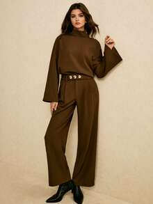 Poéselle 女式纯色纽扣装饰圆领长袖上衣和裤子两件套 - 棕色 - 查看 7
