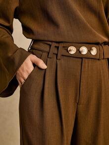 Poéselle 女式纯色纽扣装饰圆领长袖上衣和裤子两件套 - 棕色 - 查看 10