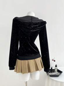 SHEIN Unity 女士黑色丝绒卫衣，闪光面料，修身显瘦，连帽长袖，休闲通勤，秋冬季 - 黑色 - 查看 2