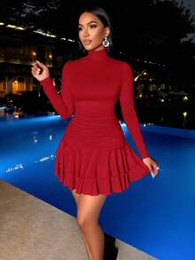 SOLERSUN Winter Clothes For Women Dresses For Women Elegant Elegant Party Daytime Apricot Knitted High Neck Long Sleeves Gathered Double Ruffled Mini Dress Fall Cloth For Women