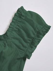 SHEIN Unity Women's Summer Solid Color Ruffle Hem Tie Waist Short Sleeve Blouse - Dark Green - View 7