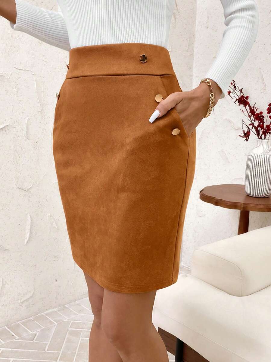 SHEIN Clasi 女士优雅绒面革半身裙，适合通勤、外出和聚会，秋冬季 - 卡其色 - 查看 1