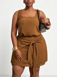 Veslaya Bộ 2 món áo vest và chân váy chữ A màu trơn/tối giản/thanh lịch mới 2025, dành cho nữ cỡ lớn - Cà phê nâu - Xem 4