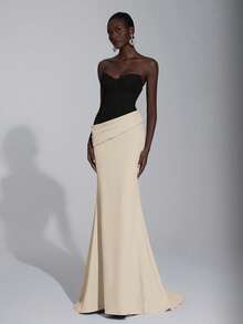 Elitara 优雅、浪漫、性感、简约、深紫红色、撞色粉色、斜纹面料、鱼尾下摆、拖尾、时尚、影响者、节日、度假、生日派对、婚礼活动、正式晚礼服 - 黑與白 - 查看 4