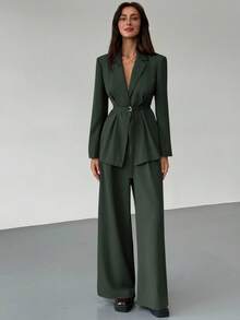 Aloruh Conjunto de chaqueta y pantalones de traje de color verde oliva de moda para ir al trabajo - Verde Oscuro - Ver 3