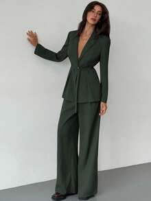 Aloruh Conjunto de chaqueta y pantalones de traje de color verde oliva de moda para ir al trabajo - Verde Oscuro - Ver 6