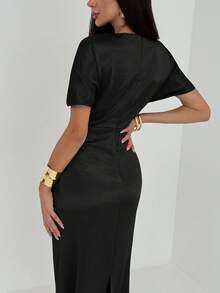 Aloruh 女士优雅纯色束腰长裙，适合通勤 - 黑色 - 查看 3