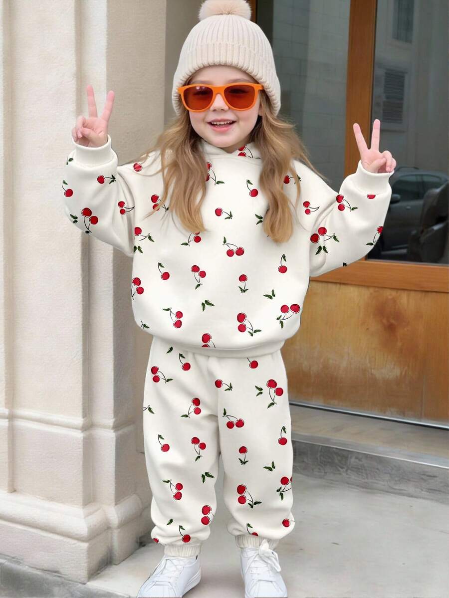 2 件套女童休闲樱桃图案连帽衫和运动裤套装，时尚创意设计，适合秋季 - 彩色 - 查看 1