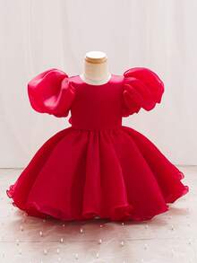 SHEIN Glamorique Kids 时尚优雅公主裙女童派对连衣裙欧美风格 - 酒紅色 - 查看 2