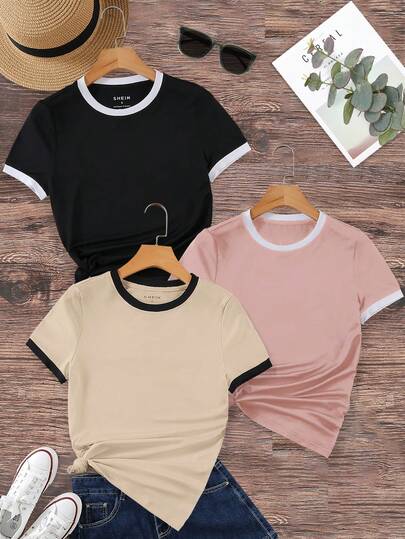 EMERY ROSE Women's Casual Color Block Round Neck Short Sleeve T-Shirt, Summer