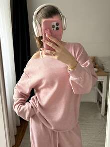 SHEIN CovetEZ 女士粉色针织露肩上衣和裤子休闲套装 - 粉色 - 查看 3