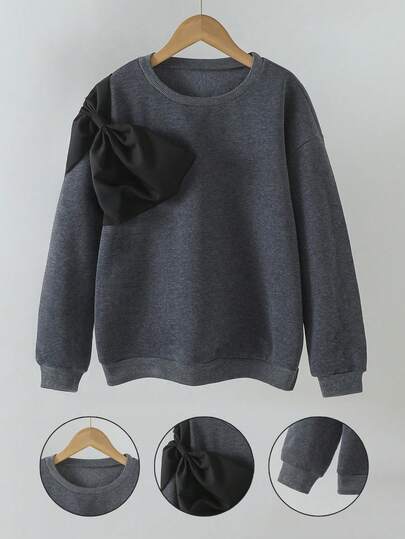 Sparklyn 女童休闲优雅撞色蝴蝶结圆领长袖运动衫，适合日常穿着