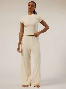 MUSERA ESSENTIALS Short Sleeve Soft Rib Crew-Neck Top Autumn Winter Fall Underwear Everyday Cosy Lounge Essential Spring Summer Vacation Holiday - Beige - View 5