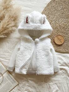 Vintaside Kids Baby GirlThermal Lined Vest, Thick Warm Jacket With 3D Rabbit Ear Decoration, Countryside Style, Fashion & Elegant, All-Match Outerwear For Spring, Autumn And Winter