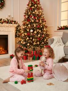 2 件套女童圣诞驯鹿印花双面法兰绒圆领长袖上衣和裤子睡衣套装 - 粉色 - 查看 5
