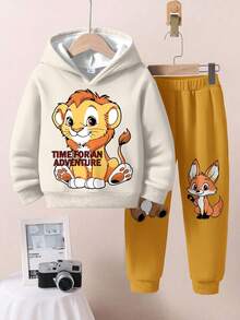 2 件套年轻男孩卡通动物涂鸦图案可爱风格休闲宽松长袖连帽运动衫套装，适合秋冬季 - 彩色 - 查看 2