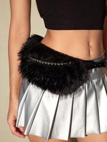 ROMWE Goth Retro Punk Black Furry Beaded Chain Decor Adjustable Width Buckle Waist Belt, Y2K Fashion Versatile Accessory