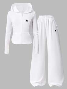 SHEIN Bộ trang phục 2 món gồm áo khoác hoodie có mũ trùm đầu in họa tiết đơn sắc và quần dài họa tiết đồng bộ cho bé gái - trắng - Xem 3
