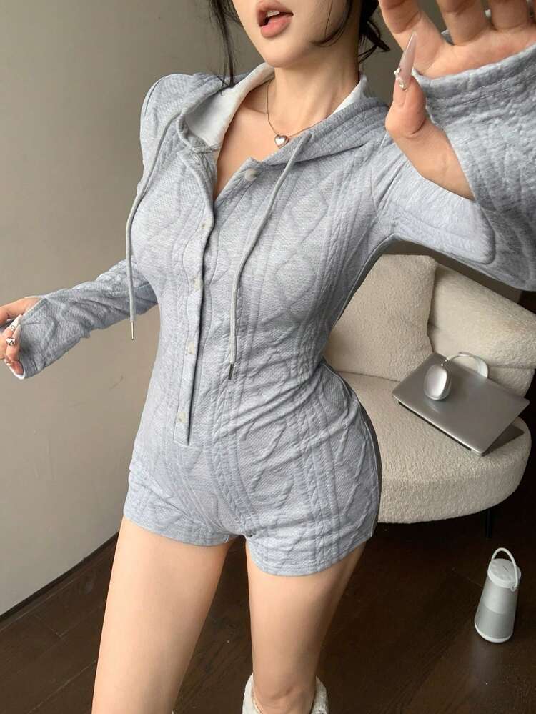 Women's Loose Casual Tight Fitness Sportswear, Fashion Street Textured Plaid Hoodie Jumpsuit, Autumn/Winter Rompers For Women