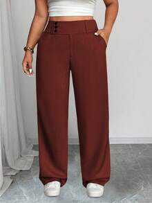 SHEIN Tall CURVE 大码女式休闲宽腰直筒裤 - 紅木色 - 查看 5