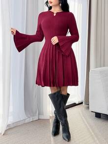 Modelyn A 字型针织连衣裙，修身优雅毛衣裙，女士秋冬服装 - 酒紅色 - 查看 5